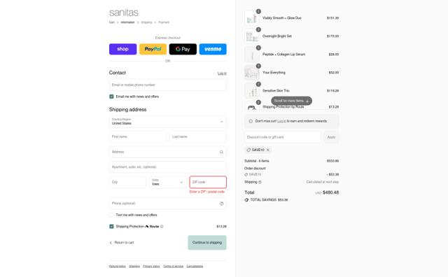 Sanitas Skincare checkout page showing Sanitas Skincare promo code box | Screenshot taken by SimplyCodes community member on Sep 8, 2025
