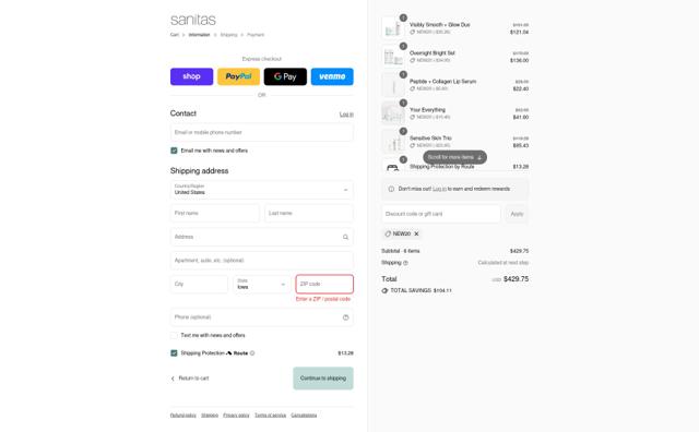 Sanitas Skincare checkout page showing Sanitas Skincare promo code box | Screenshot taken by SimplyCodes community member on Sep 8, 2025