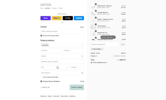 Sanitas Skincare checkout page showing Sanitas Skincare promo code box | Screenshot taken by SimplyCodes community member on Sep 12, 2025