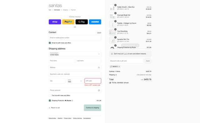 Sanitas Skincare checkout page showing Sanitas Skincare promo code box | Screenshot taken by SimplyCodes community member on Sep 8, 2025