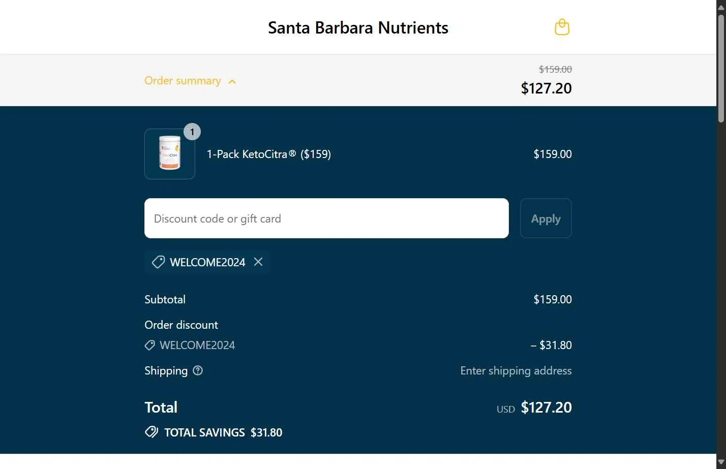 Santa Barbara Nutrients checkout page showing Santa Barbara Nutrients promo code box | Screenshot taken by SimplyCodes community member on Aug 21, 2025