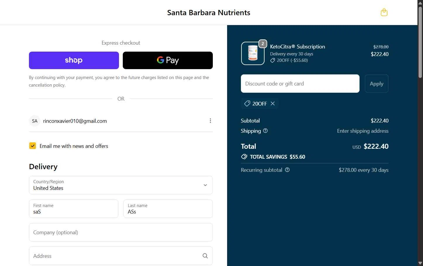 Santa Barbara Nutrients checkout page showing Santa Barbara Nutrients promo code box | Screenshot taken by SimplyCodes community member on Dec 8, 2025