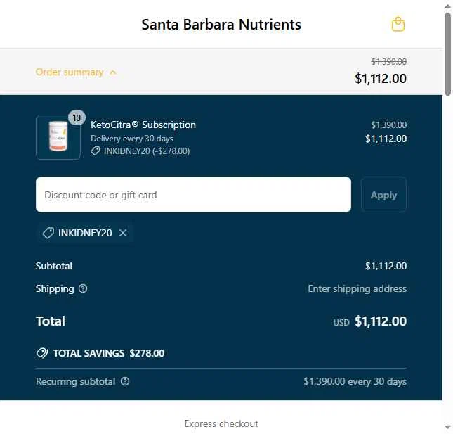 Santa Barbara Nutrients checkout page showing Santa Barbara Nutrients promo code box | Screenshot taken by SimplyCodes community member on May 22, 2025