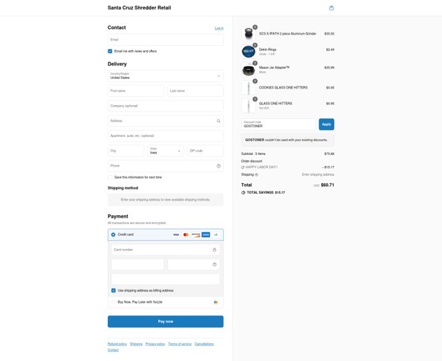 Santa Cruz Shredder checkout page showing Santa Cruz Shredder discount code box | Screenshot taken by SimplyCodes community member on Aug 31, 2025