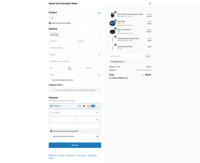 Santa Cruz Shredder checkout page showing Santa Cruz Shredder discount code box | Screenshot taken by SimplyCodes community member on Sep 4, 2025