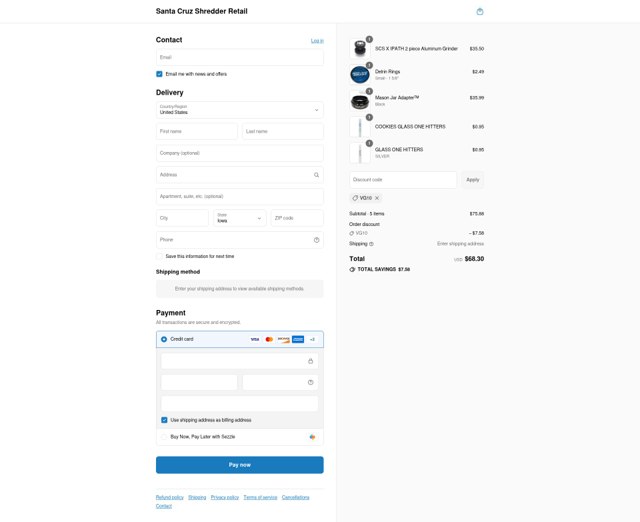 Santa Cruz Shredder checkout page showing Santa Cruz Shredder discount code box | Screenshot taken by SimplyCodes community member on Sep 4, 2025