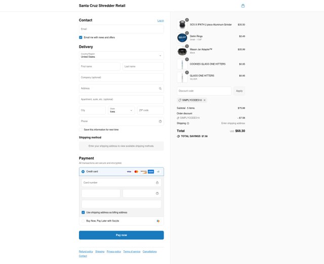 Santa Cruz Shredder checkout page showing Santa Cruz Shredder discount code box | Screenshot taken by SimplyCodes community member on Sep 4, 2025