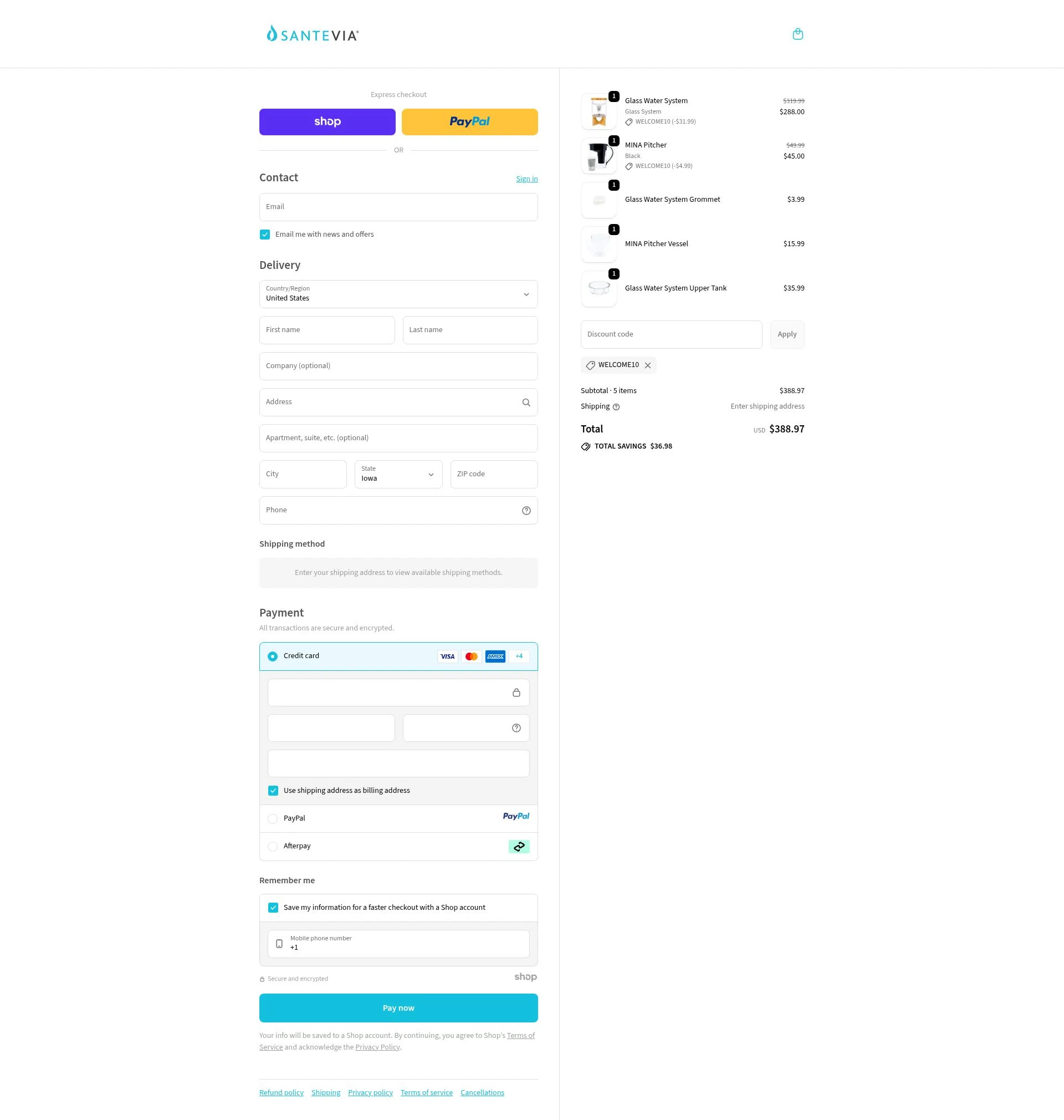 Santevia checkout page showing Santevia discount code box | Screenshot taken by SimplyCodes community member on Oct 7, 2025