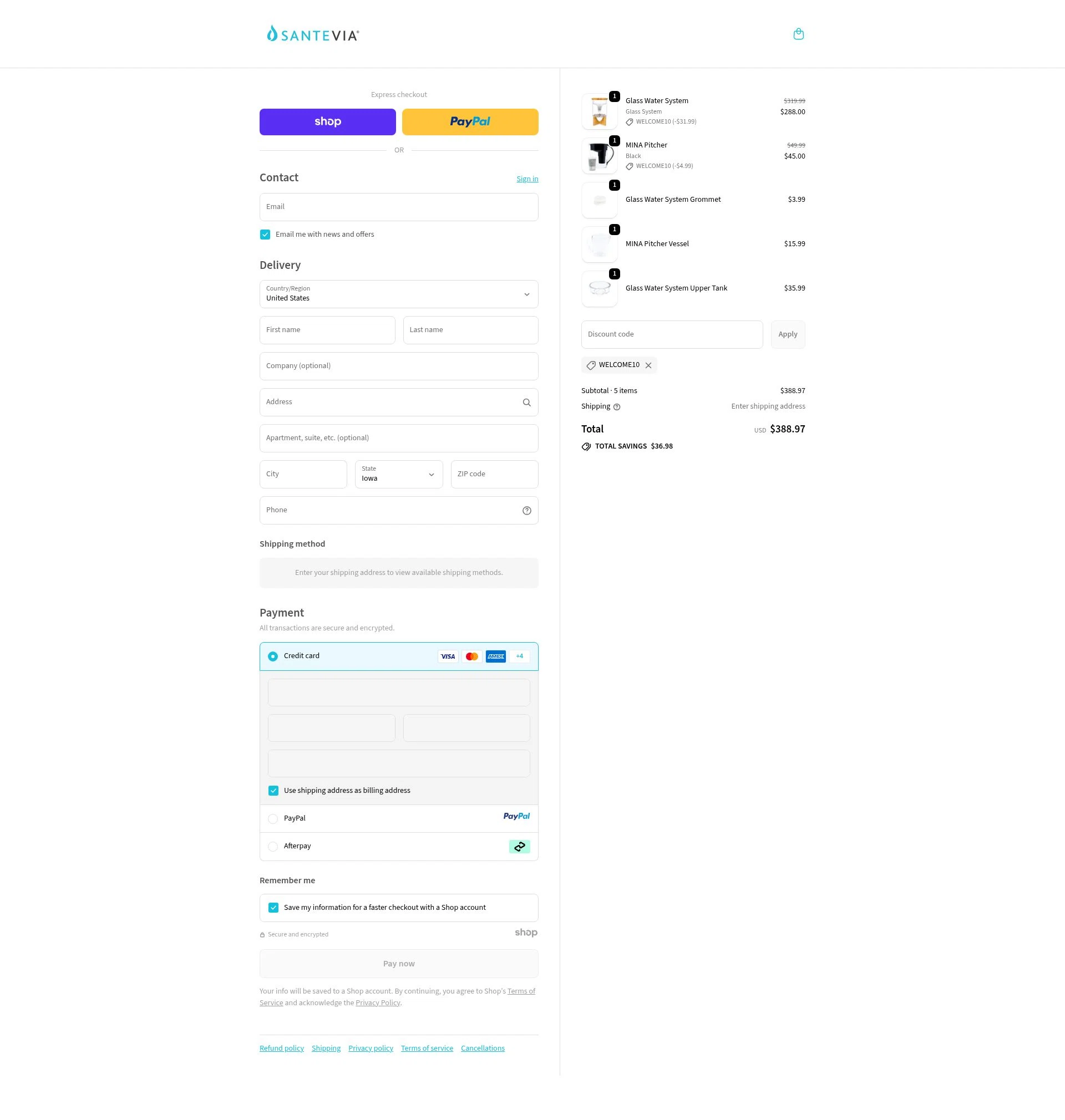 Santevia checkout page showing Santevia discount code box | Screenshot taken by SimplyCodes community member on Oct 27, 2025