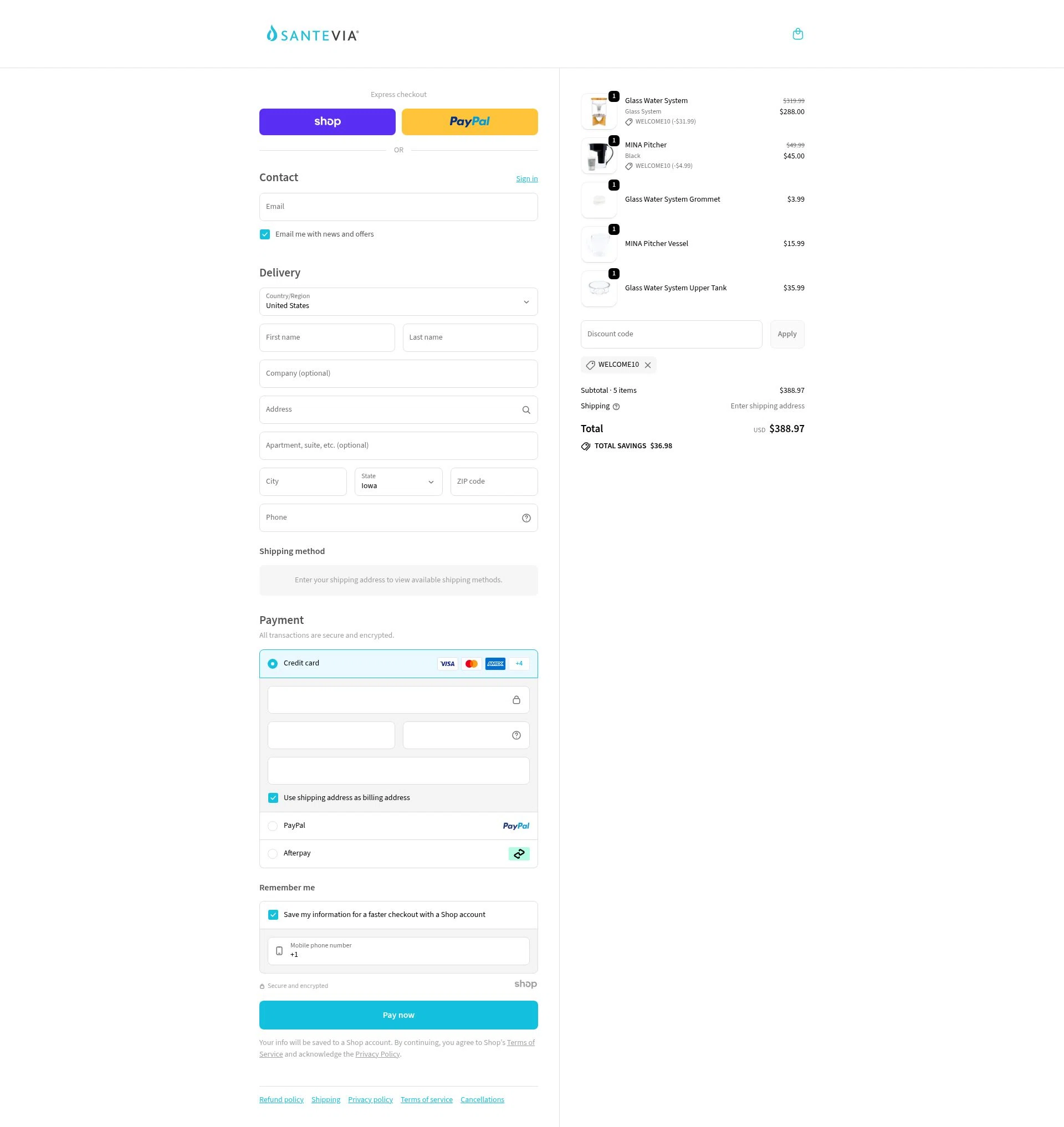 Santevia checkout page showing Santevia discount code box | Screenshot taken by SimplyCodes community member on Nov 9, 2025