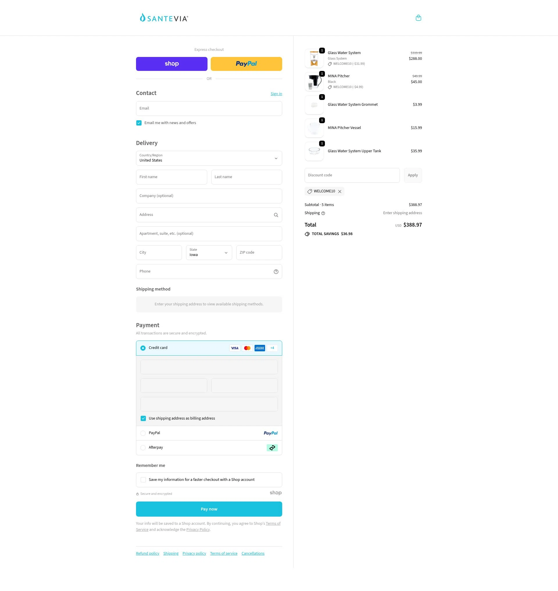 Santevia checkout page showing Santevia discount code box | Screenshot taken by SimplyCodes community member on Nov 14, 2025