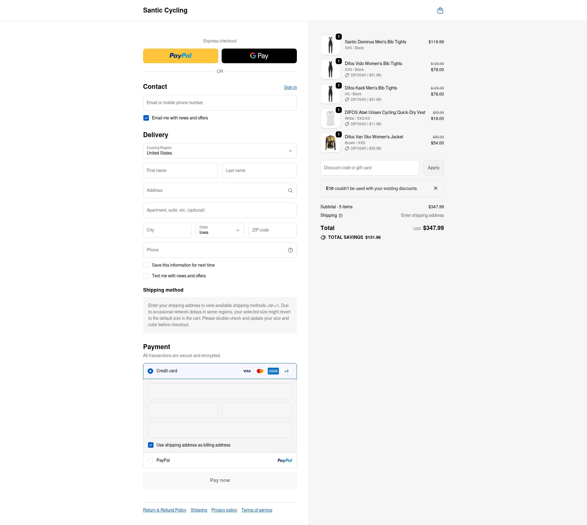 Santic Cycling checkout page showing Santic Cycling promo code box | Screenshot taken by SimplyCodes community member on Dec 28, 2025