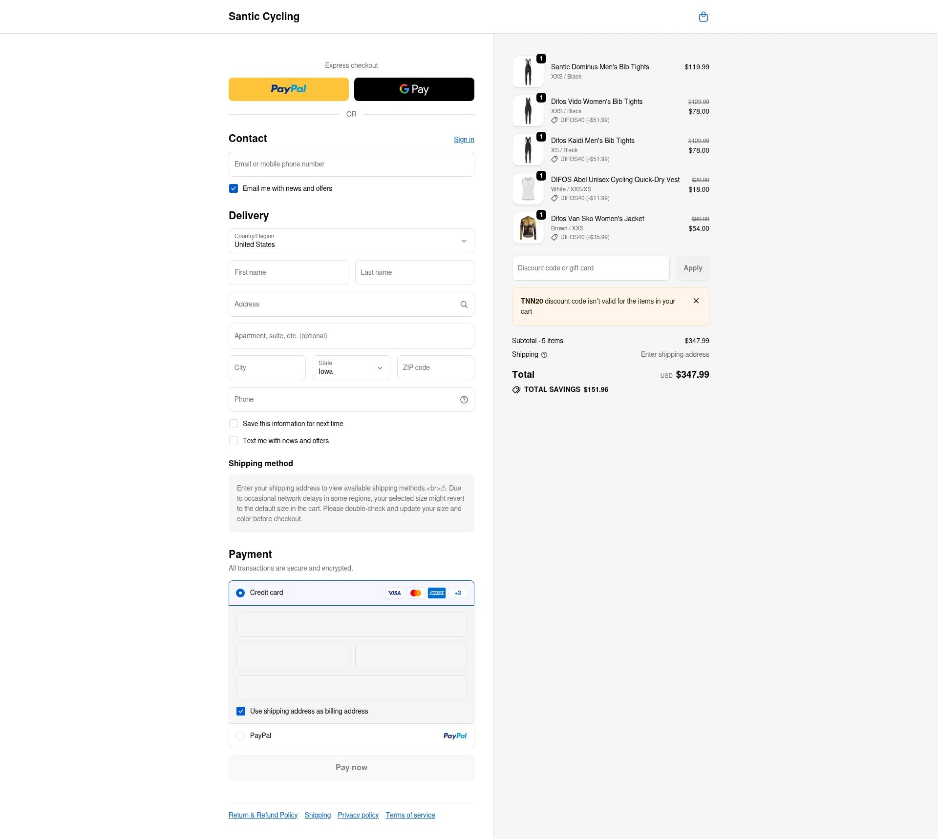 Santic Cycling checkout page showing Santic Cycling promo code box | Screenshot taken by SimplyCodes community member on Dec 28, 2025