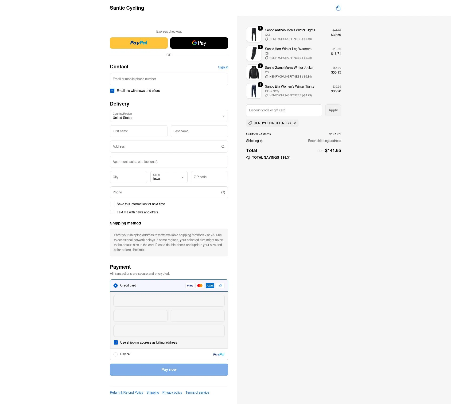 Santic Cycling checkout page showing Santic Cycling promo code box | Screenshot taken by SimplyCodes community member on Dec 17, 2025