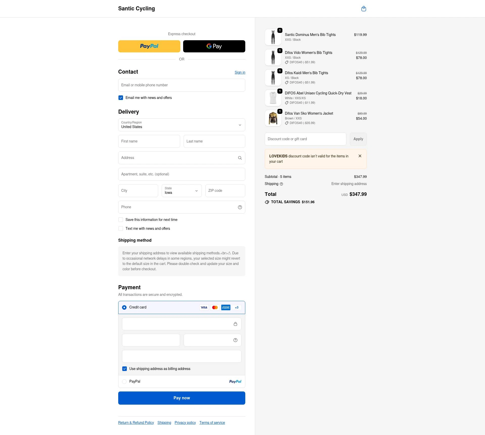 Santic Cycling checkout page showing Santic Cycling promo code box | Screenshot taken by SimplyCodes community member on Dec 24, 2025