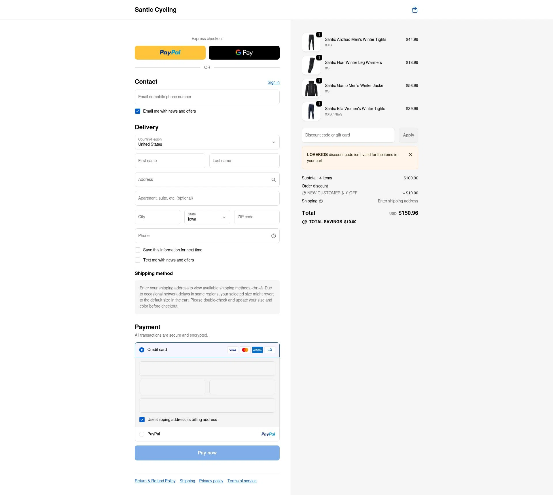 Santic Cycling checkout page showing Santic Cycling promo code box | Screenshot taken by SimplyCodes community member on Dec 17, 2025