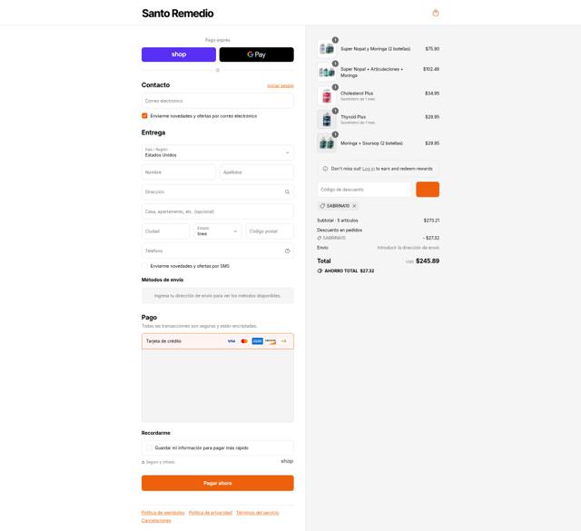 Santo Remedio checkout page showing Santo Remedio coupon code box | Screenshot taken by SimplyCodes community member on Aug 31, 2025