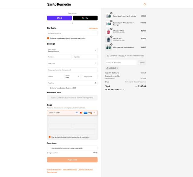 Santo Remedio checkout page showing Santo Remedio coupon code box | Screenshot taken by SimplyCodes community member on Sep 8, 2025