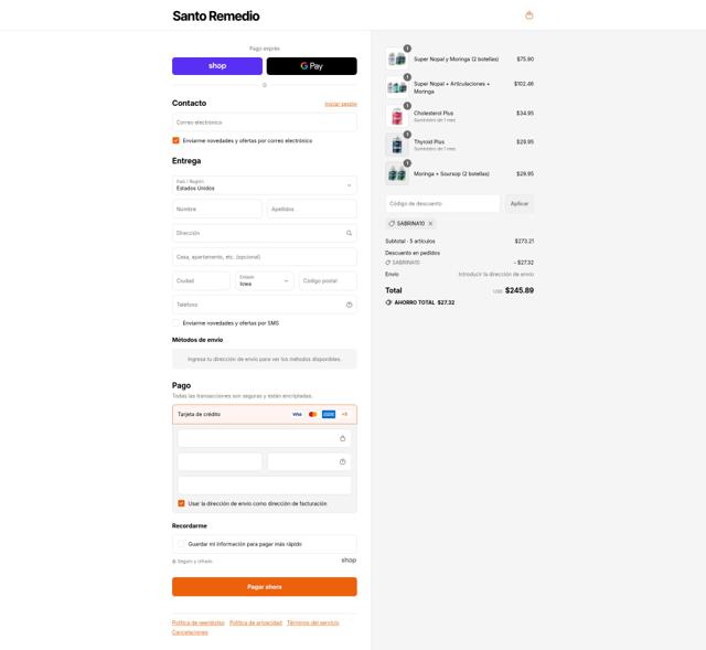 Santo Remedio checkout page showing Santo Remedio coupon code box | Screenshot taken by SimplyCodes community member on Sep 12, 2025