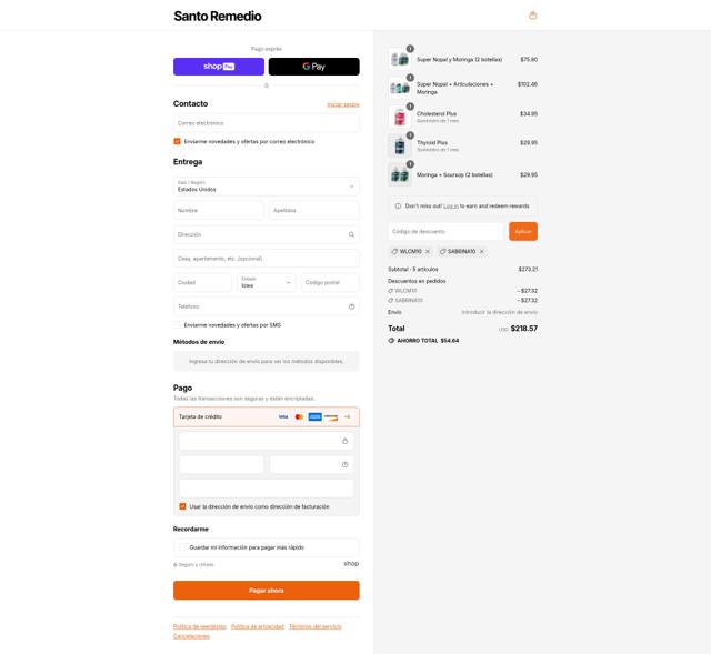 Santo Remedio checkout page showing Santo Remedio coupon code box | Screenshot taken by SimplyCodes community member on Aug 27, 2025