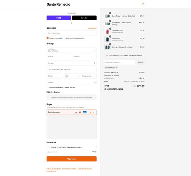 Santo Remedio checkout page showing Santo Remedio coupon code box | Screenshot taken by SimplyCodes community member on Sep 4, 2025