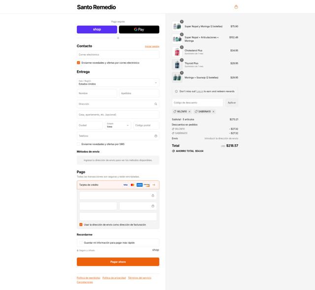 Santo Remedio checkout page showing Santo Remedio coupon code box | Screenshot taken by SimplyCodes community member on Aug 31, 2025
