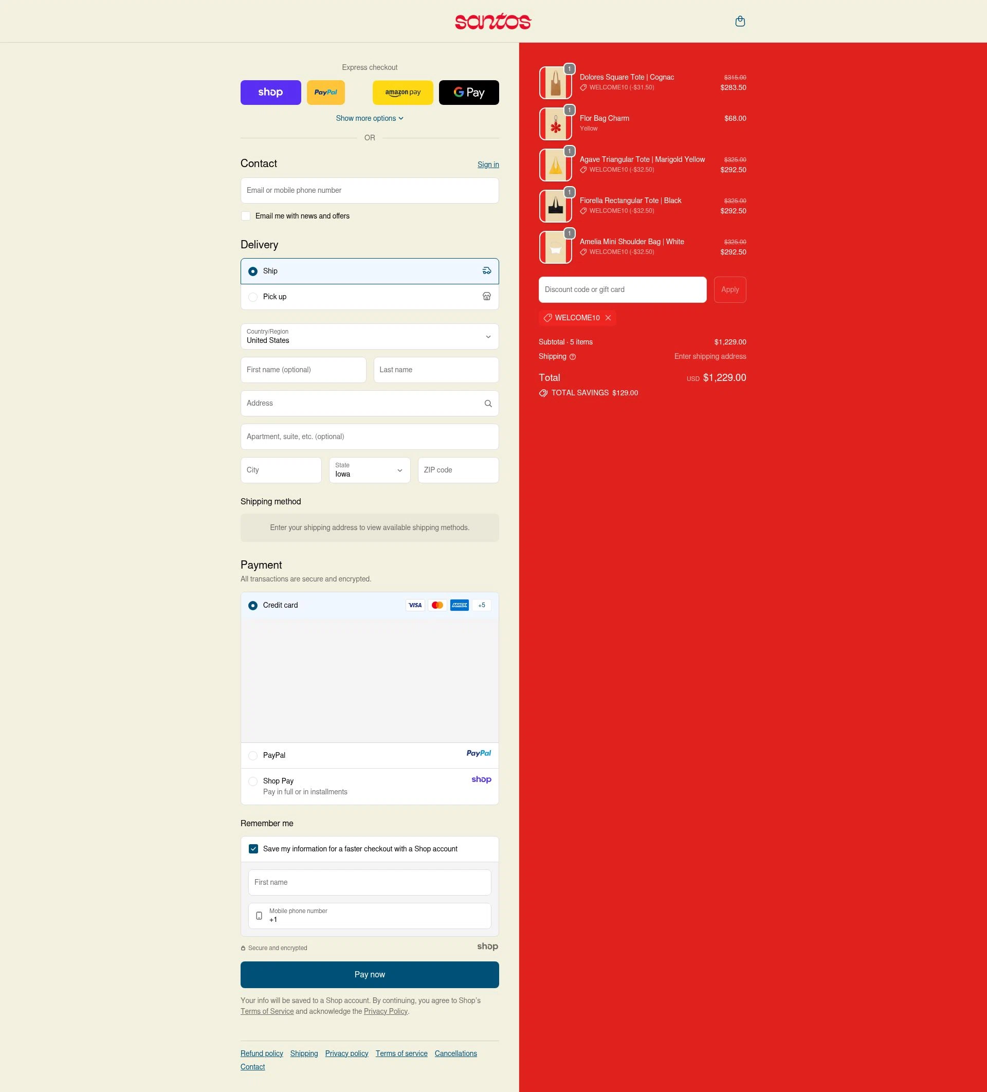 Santos by Monica checkout page showing Santos by Monica promo code box | Screenshot taken by SimplyCodes community member on Oct 6, 2025