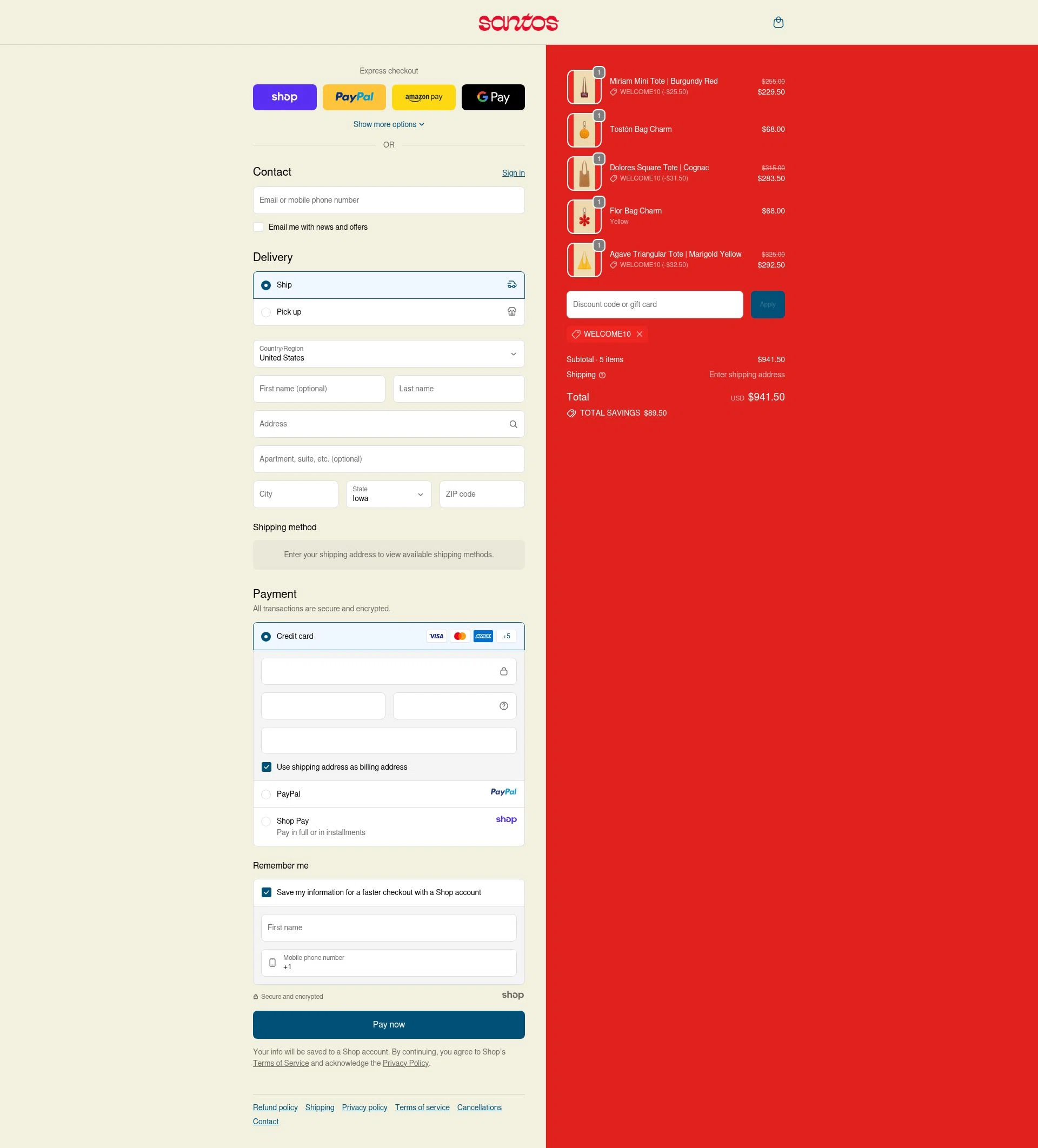 Santos by Monica checkout page showing Santos by Monica promo code box | Screenshot taken by SimplyCodes community member on Oct 10, 2025