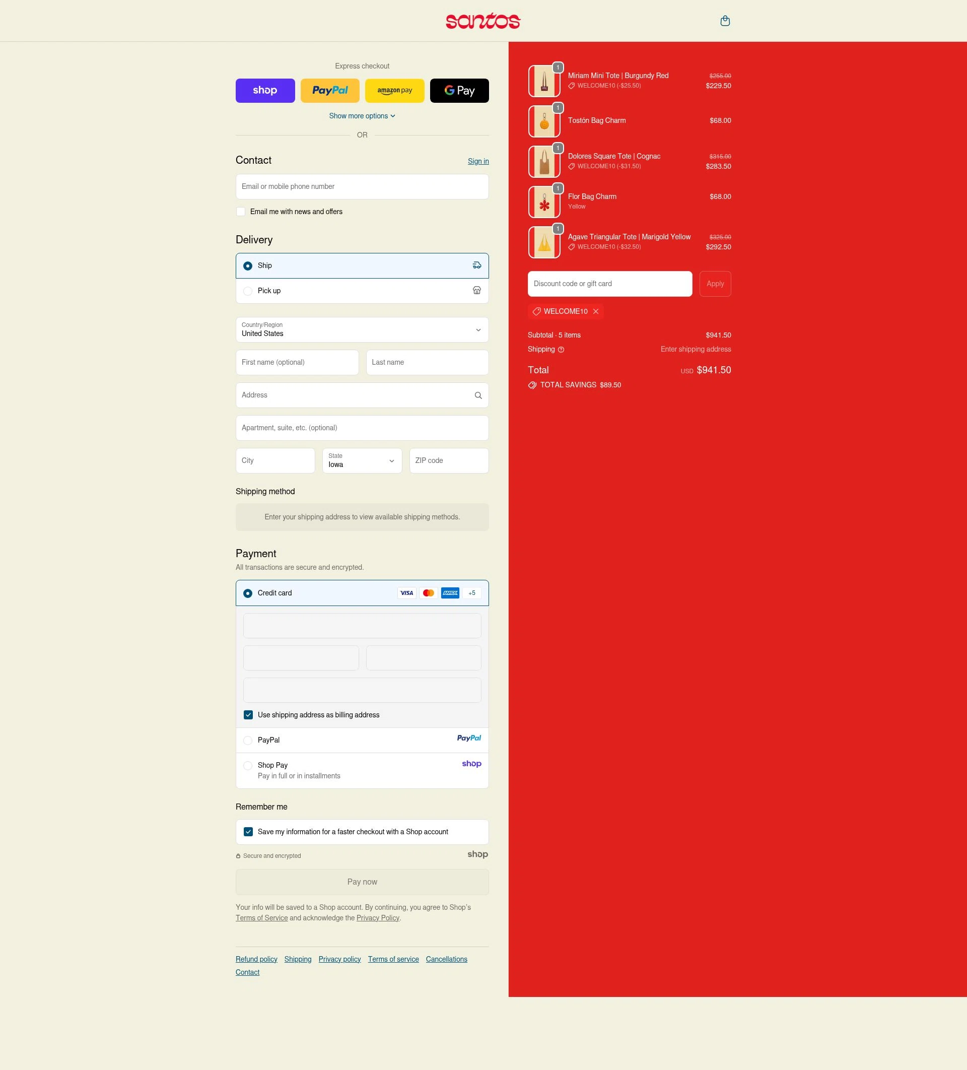 Santos by Monica checkout page showing Santos by Monica promo code box | Screenshot taken by SimplyCodes community member on Oct 18, 2025