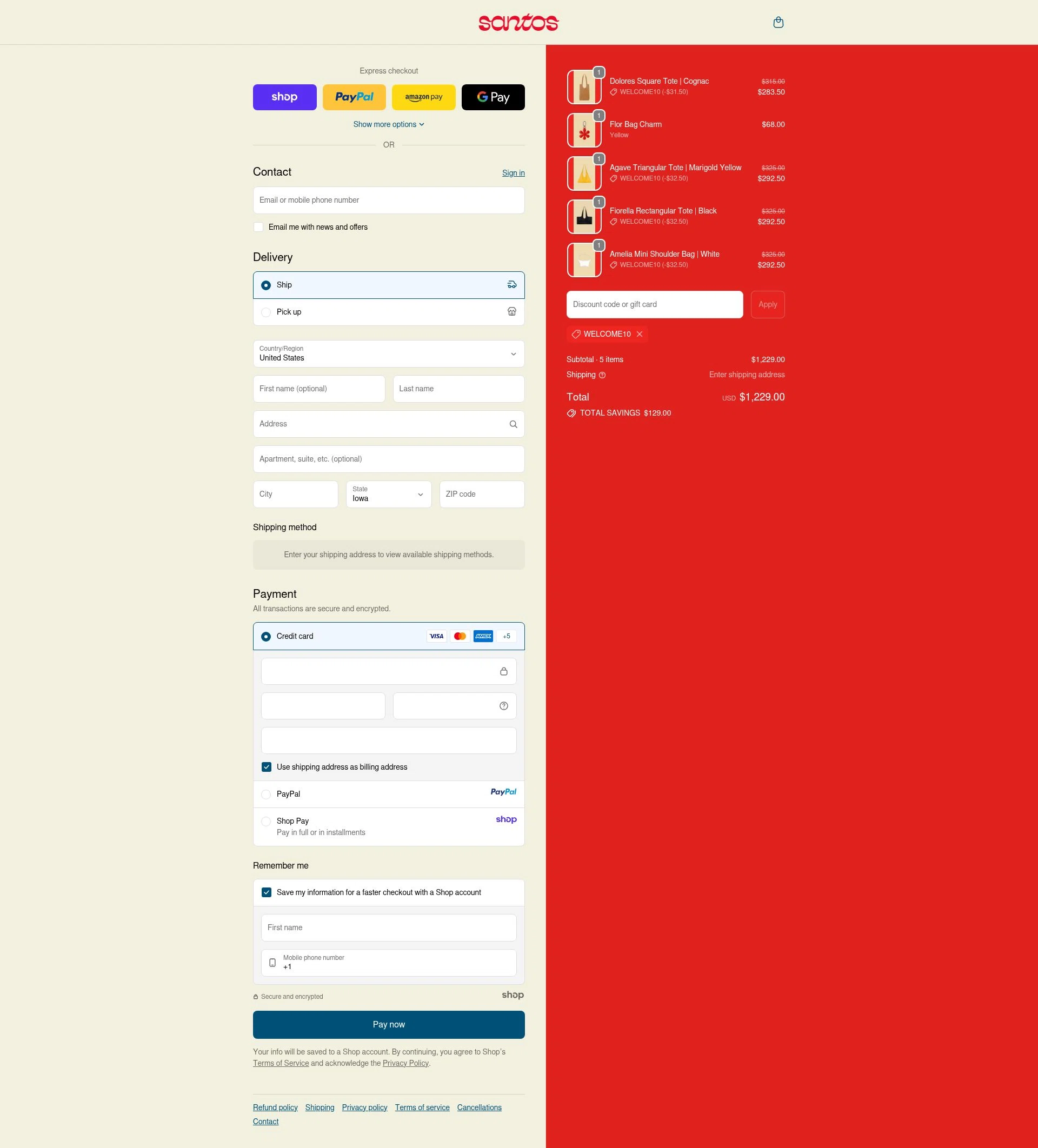 Santos by Monica checkout page showing Santos by Monica promo code box | Screenshot taken by SimplyCodes community member on Oct 2, 2025