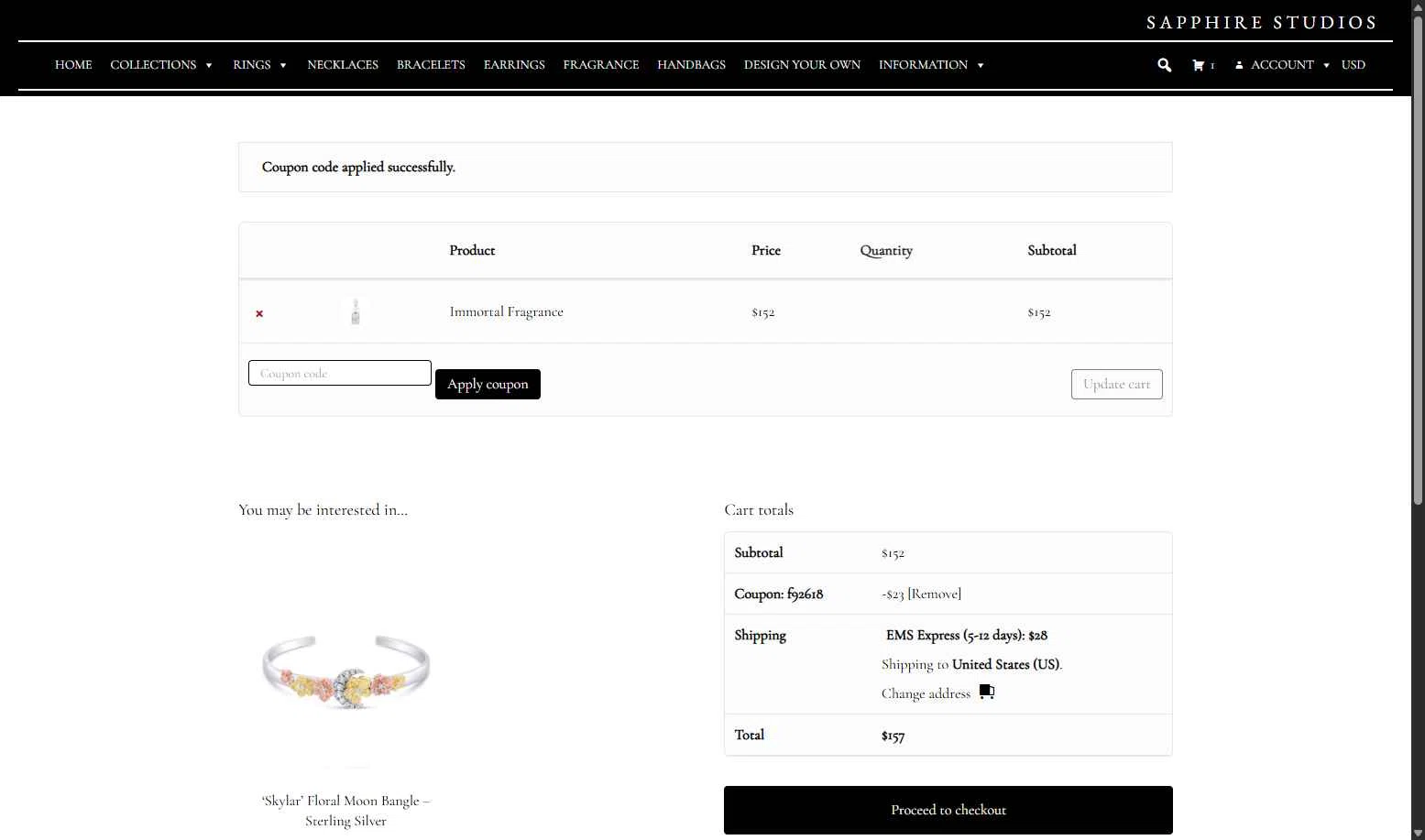 Sapphire Studios Design checkout page showing Sapphire Studios Design coupon code box | Screenshot taken by SimplyCodes community member on Dec 26, 2025