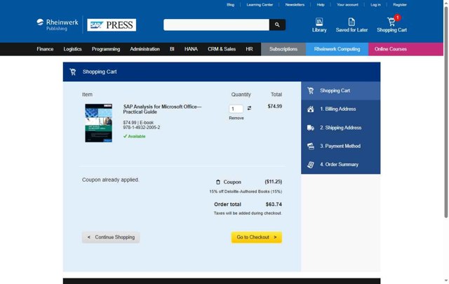 SAP PRESS checkout page showing SAP PRESS coupon code box | Screenshot taken by SimplyCodes community member on Jul 15, 2025
