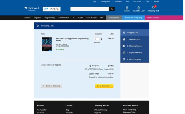 SAP PRESS checkout page showing SAP PRESS coupon code box | Screenshot taken by SimplyCodes community member on Aug 5, 2025