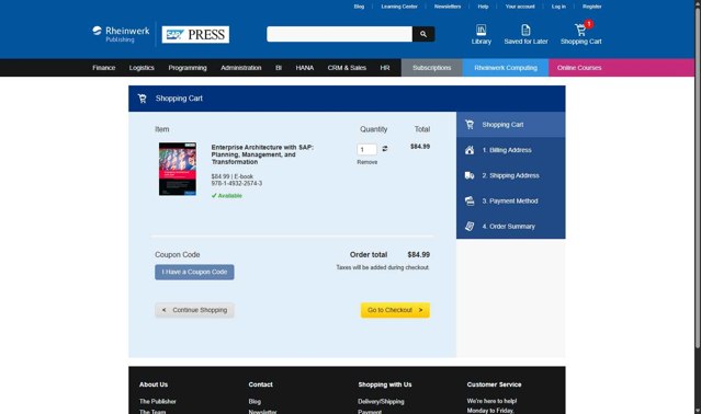 SAP PRESS checkout page showing SAP PRESS coupon code box | Screenshot taken by SimplyCodes community member on Aug 22, 2025