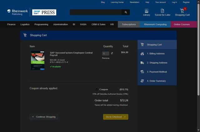 SAP PRESS checkout page showing SAP PRESS coupon code box | Screenshot taken by SimplyCodes community member on Jul 15, 2025