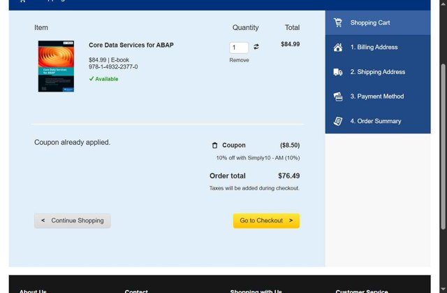 SAP PRESS checkout page showing SAP PRESS coupon code box | Screenshot taken by SimplyCodes community member on Aug 2, 2025