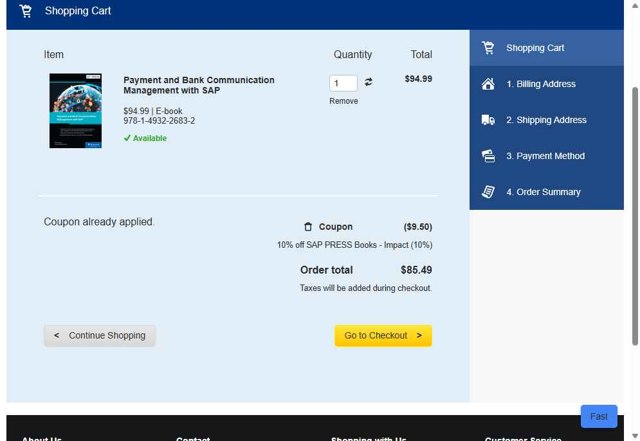 SAP PRESS checkout page showing SAP PRESS coupon code box | Screenshot taken by SimplyCodes community member on Sep 3, 2025