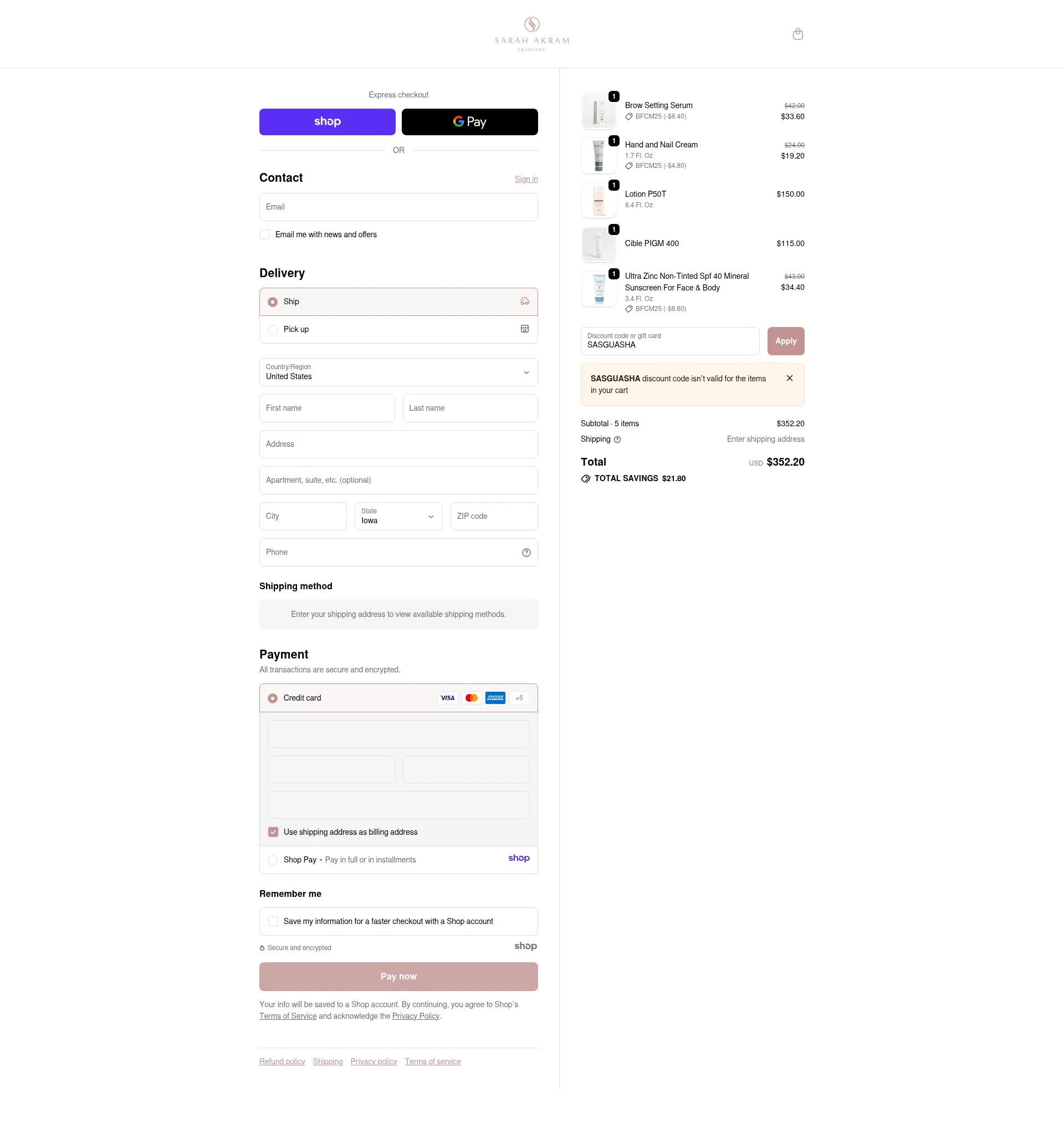 Sarah Akram Skincare checkout page showing Sarah Akram Skincare promo code box | Screenshot taken by SimplyCodes community member on Nov 29, 2025