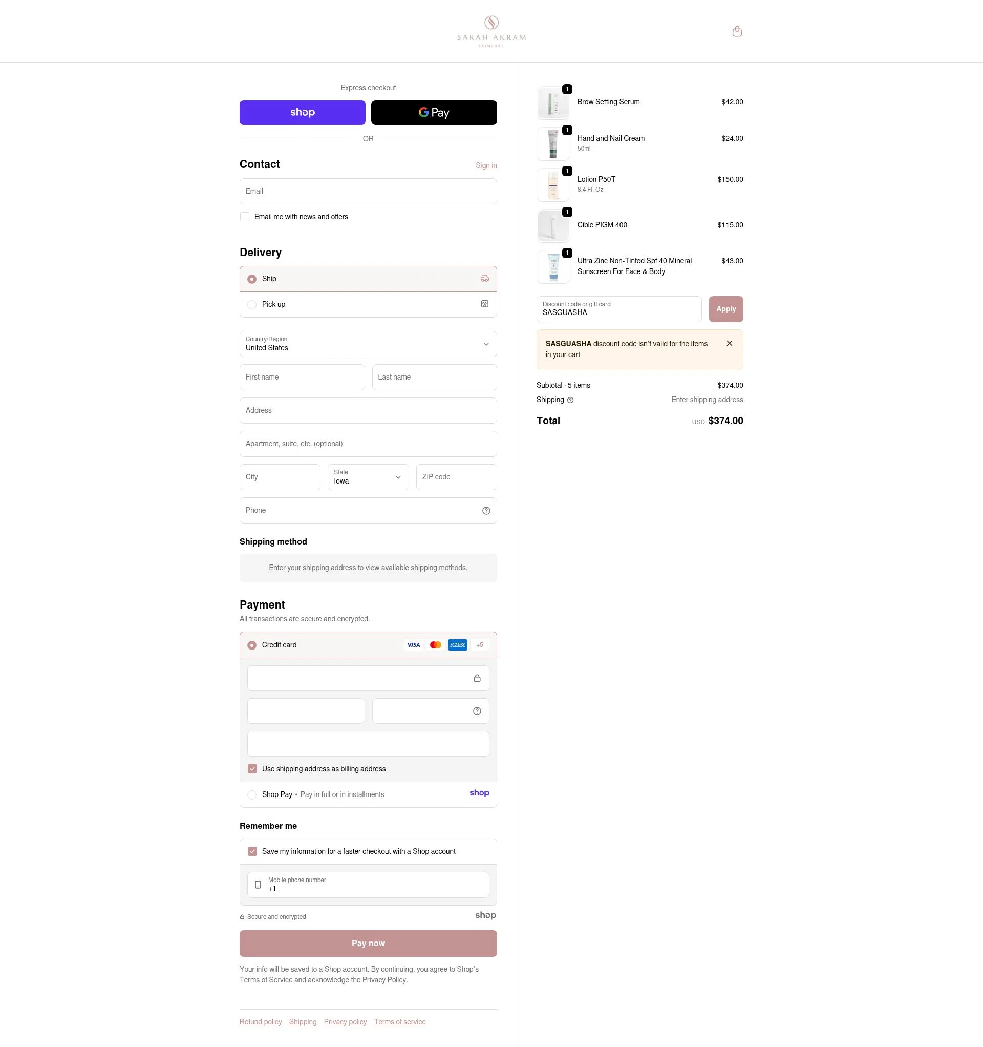 Sarah Akram Skincare checkout page showing Sarah Akram Skincare promo code box | Screenshot taken by SimplyCodes community member on Nov 19, 2025