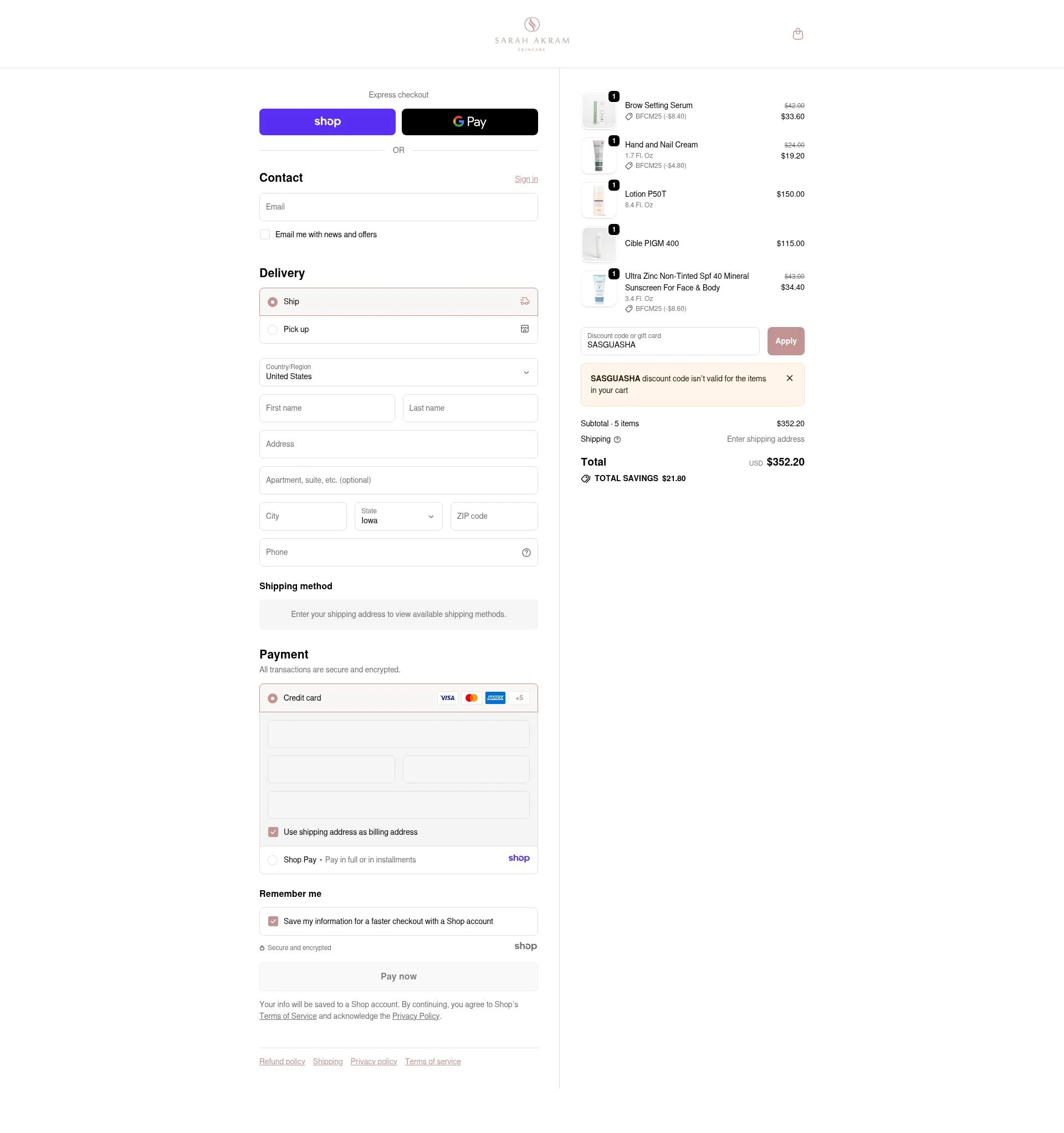 Sarah Akram Skincare checkout page showing Sarah Akram Skincare promo code box | Screenshot taken by SimplyCodes community member on Nov 24, 2025