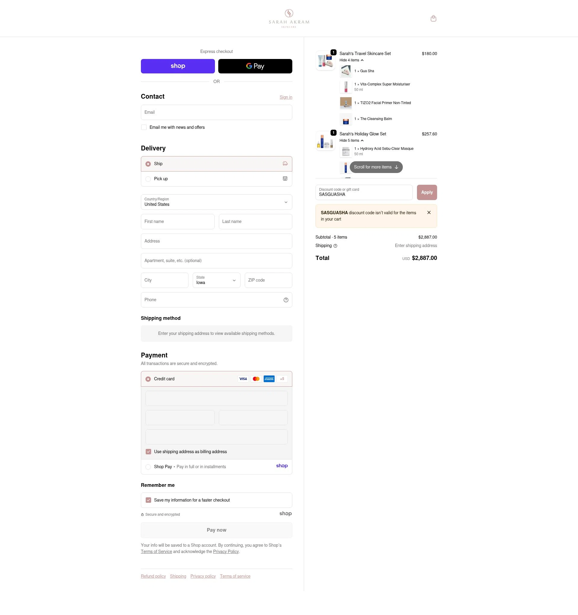 Sarah Akram Skincare checkout page showing Sarah Akram Skincare promo code box | Screenshot taken by SimplyCodes community member on Dec 16, 2025