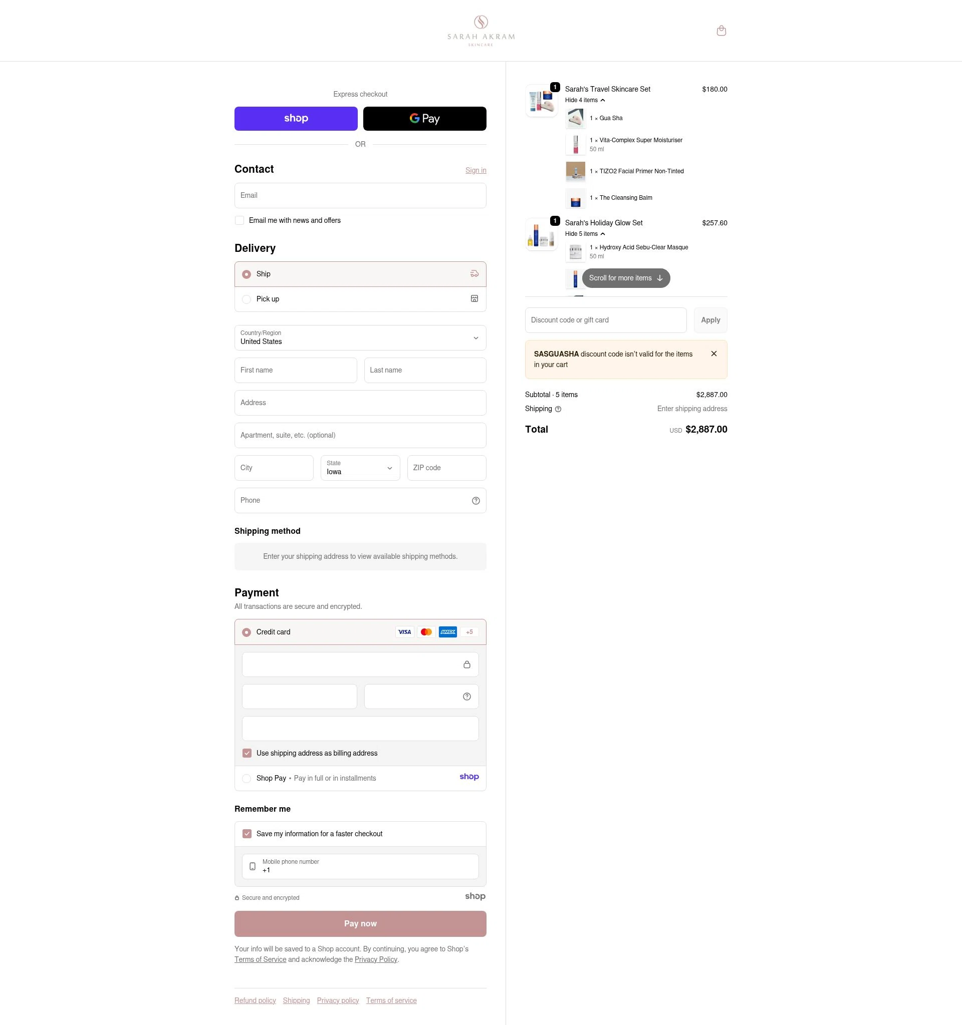 Sarah Akram Skincare checkout page showing Sarah Akram Skincare promo code box | Screenshot taken by SimplyCodes community member on Dec 27, 2025
