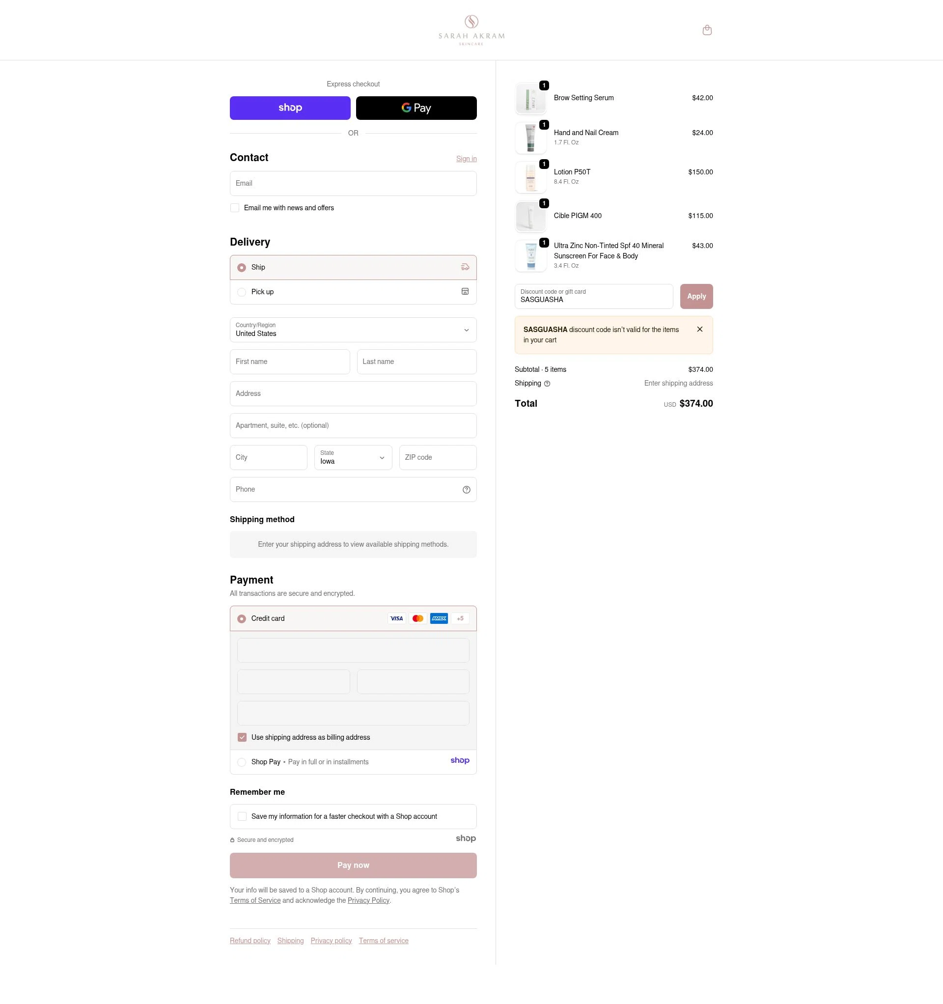 Sarah Akram Skincare checkout page showing Sarah Akram Skincare promo code box | Screenshot taken by SimplyCodes community member on Dec 4, 2025