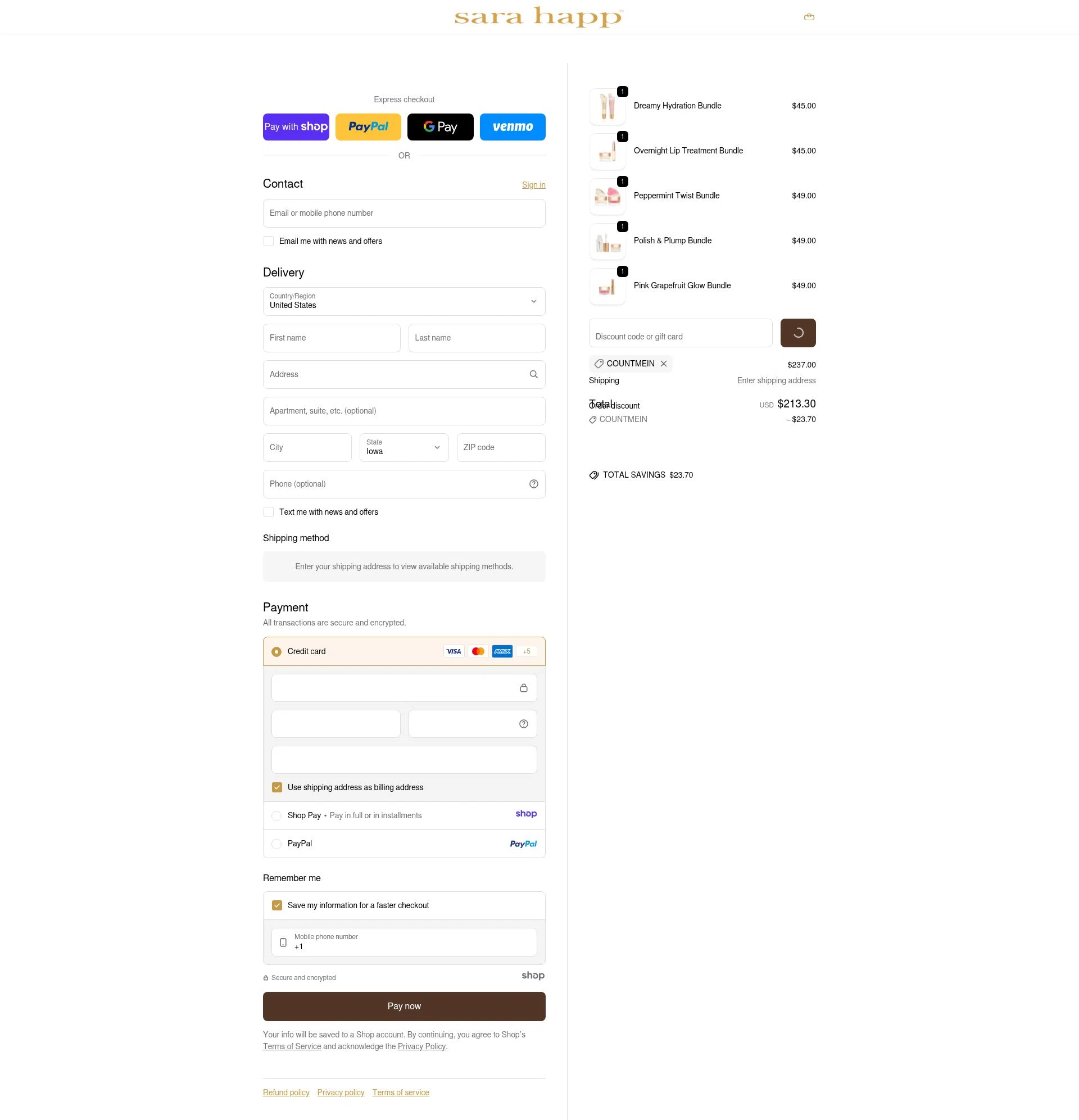 Sara Happ checkout page showing Sara Happ promo code box | Screenshot taken by SimplyCodes community member on Jan 7, 2026