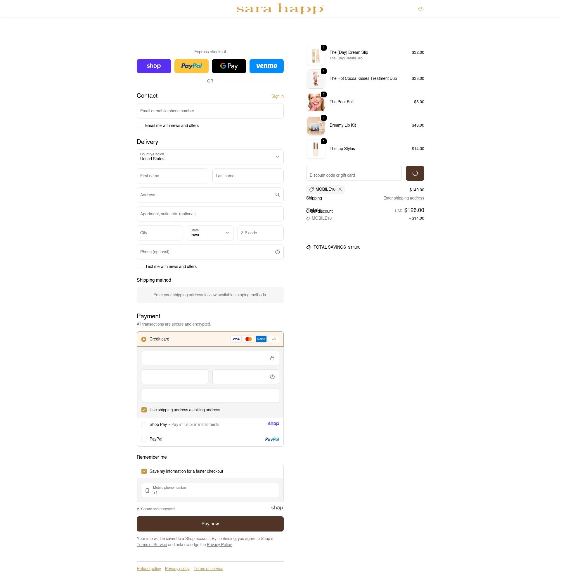 Sara Happ checkout page showing Sara Happ promo code box | Screenshot taken by SimplyCodes community member on Dec 27, 2025