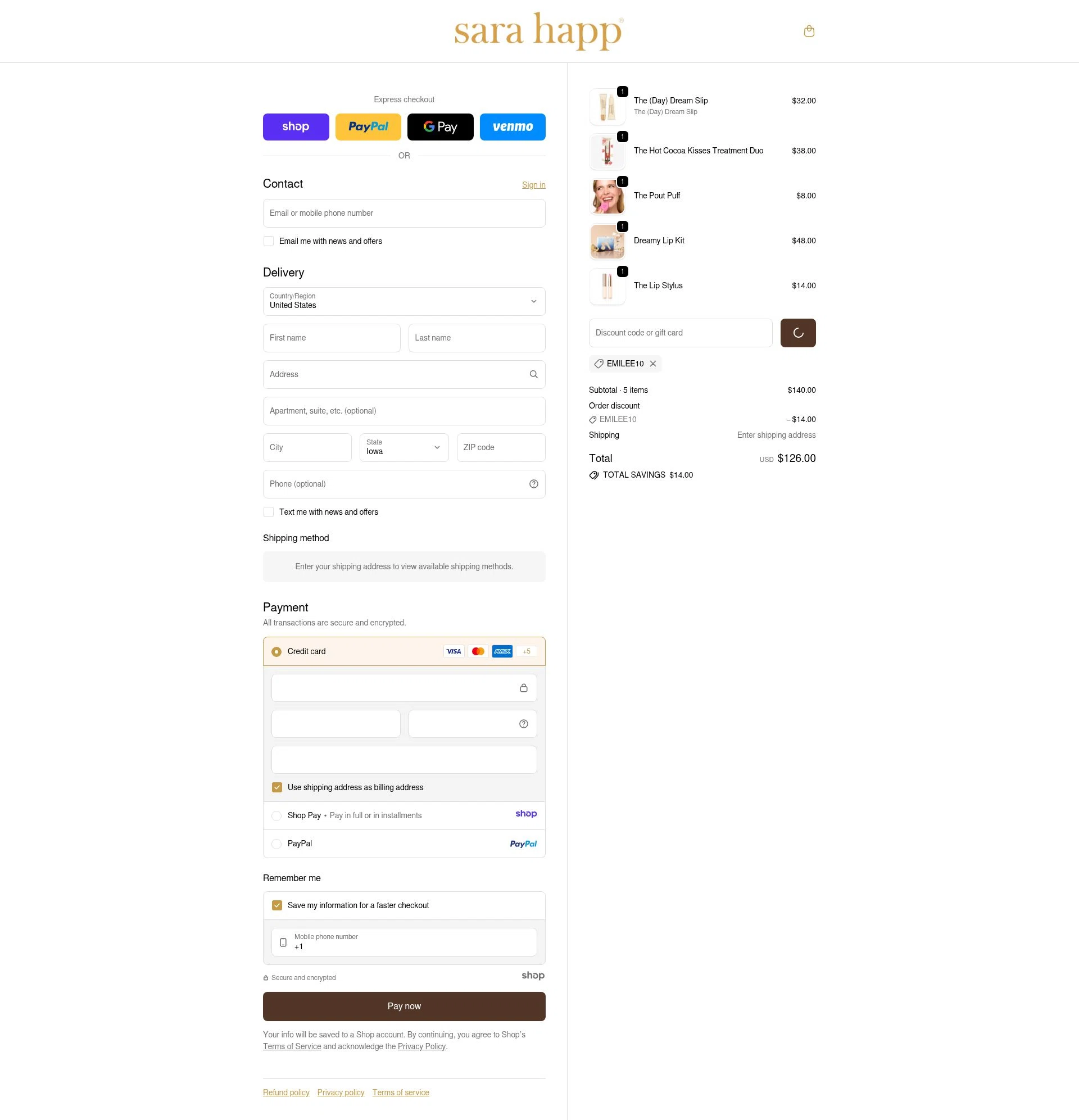 Sara Happ checkout page showing Sara Happ promo code box | Screenshot taken by SimplyCodes community member on Dec 27, 2025