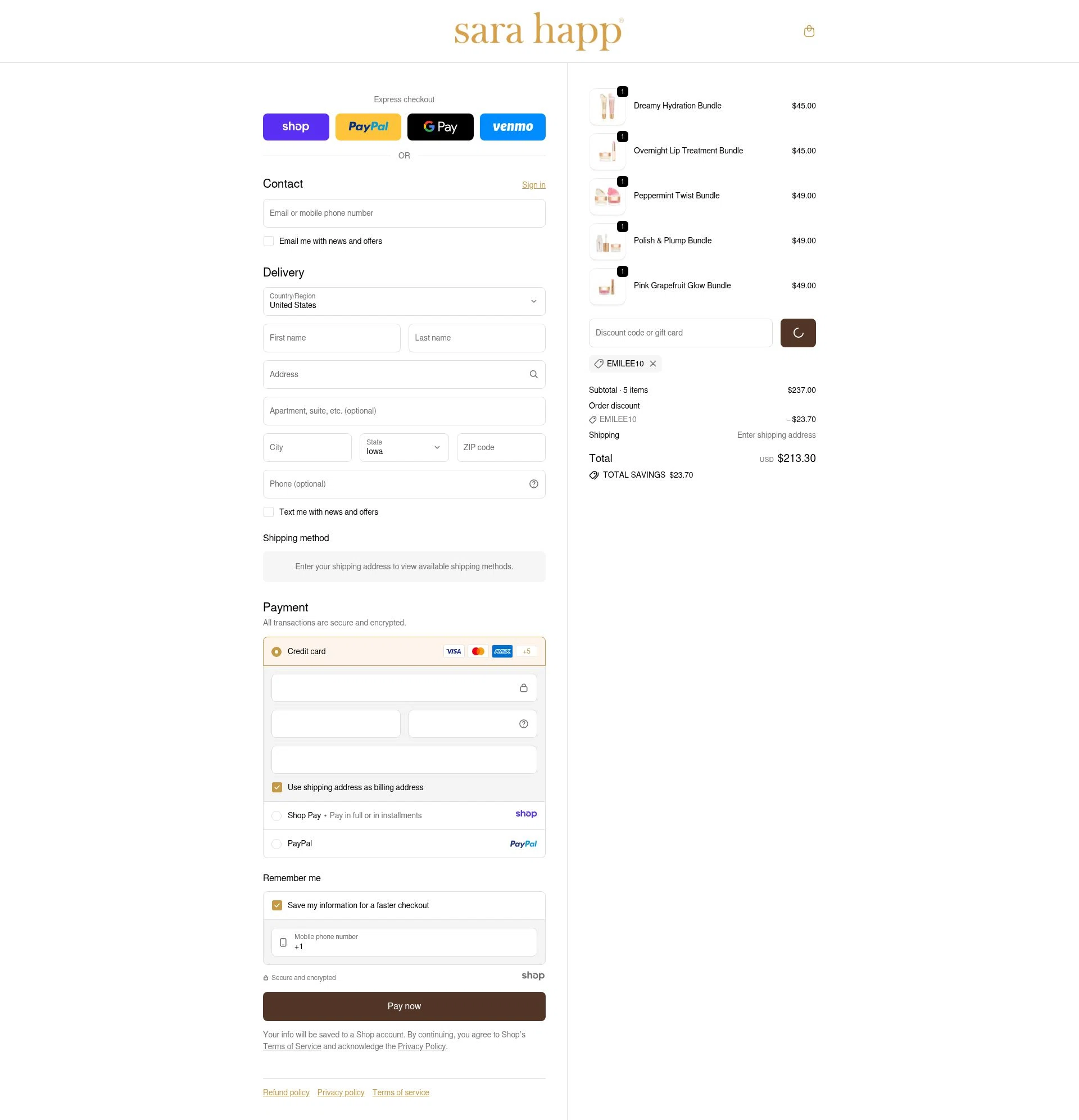 Sara Happ checkout page showing Sara Happ promo code box | Screenshot taken by SimplyCodes community member on Jan 1, 2026