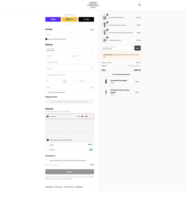Sarah Chapman checkout page showing Sarah Chapman discount code box | Screenshot taken by SimplyCodes community member on Sep 12, 2025