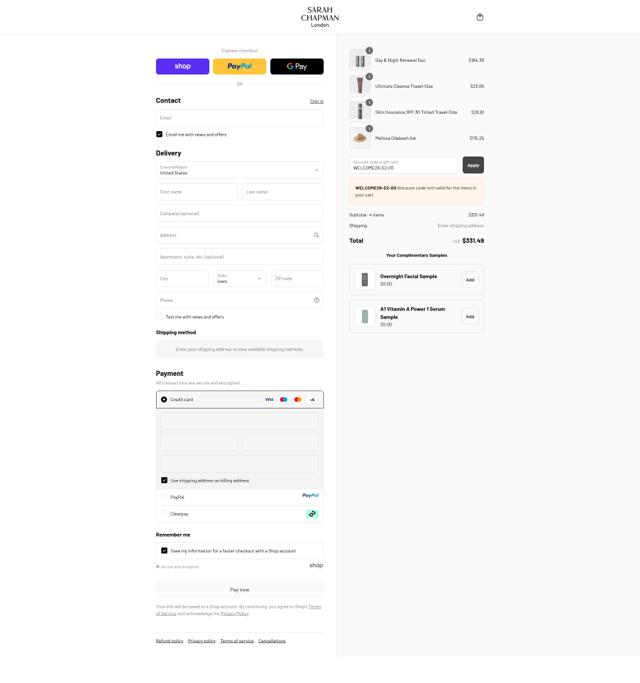Sarah Chapman checkout page showing Sarah Chapman discount code box | Screenshot taken by SimplyCodes community member on Sep 12, 2025