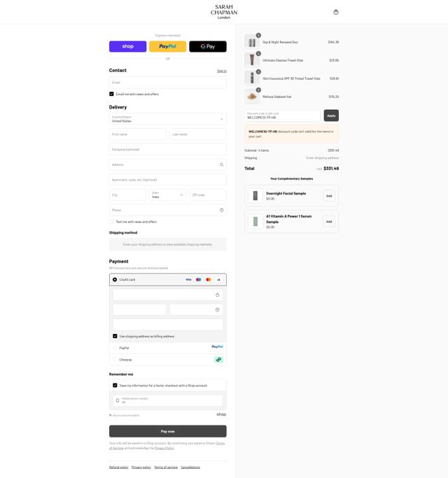 Sarah Chapman checkout page showing Sarah Chapman discount code box | Screenshot taken by SimplyCodes community member on Sep 12, 2025
